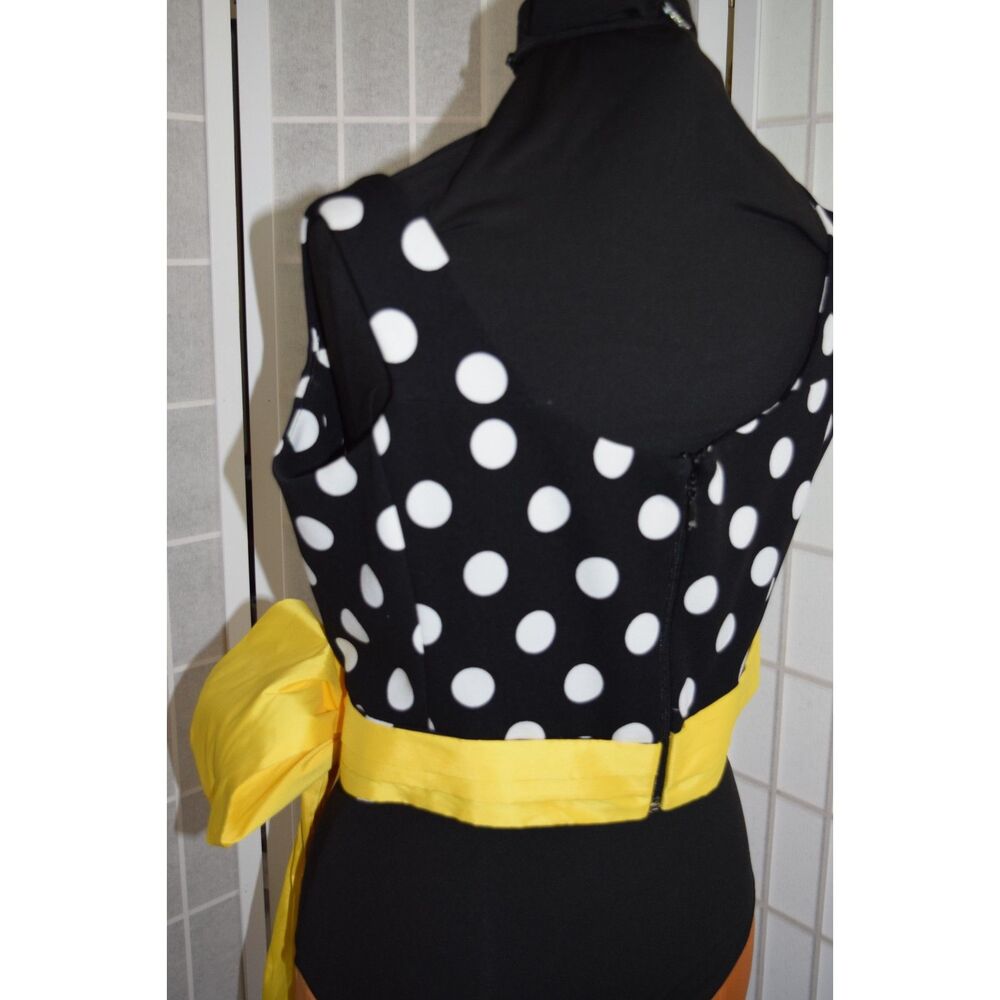 Retro Black & White Polka Dot Blouse with Vibrant Yellow Waist Bow | Vintage Pin